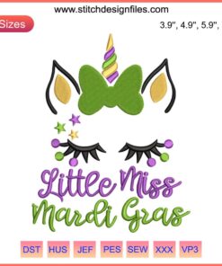 Colorful Mardi Gras Unicorn Embroidery Design featuring a unicorn with festive beads, mask, and vibrant patterns for digital stitching.