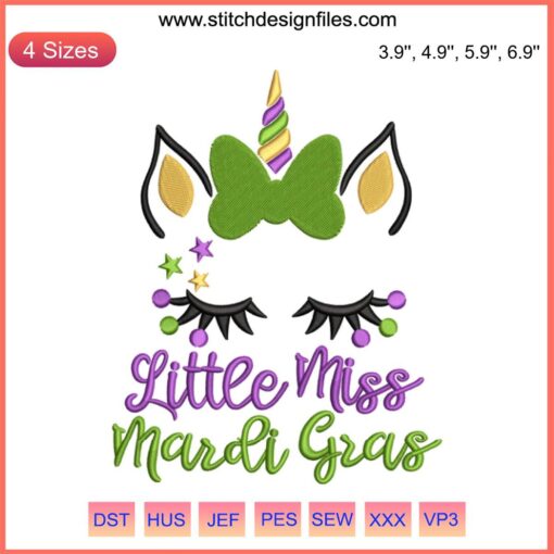 Colorful Mardi Gras Unicorn Embroidery Design featuring a unicorn with festive beads, mask, and vibrant patterns for digital stitching.