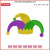 Colorful Mardi Gras Jester Hat Embroidery Design with decorative stitching, perfect for festive digital crafting projects.