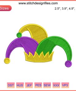 Colorful Mardi Gras Jester Hat Embroidery Design with decorative stitching, perfect for festive digital crafting projects.