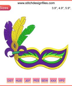 "Mardi Gras Feather Mask Embroidery Design: Vibrant digital stitching pattern, ideal for festive Mardi Gras crafting projects."