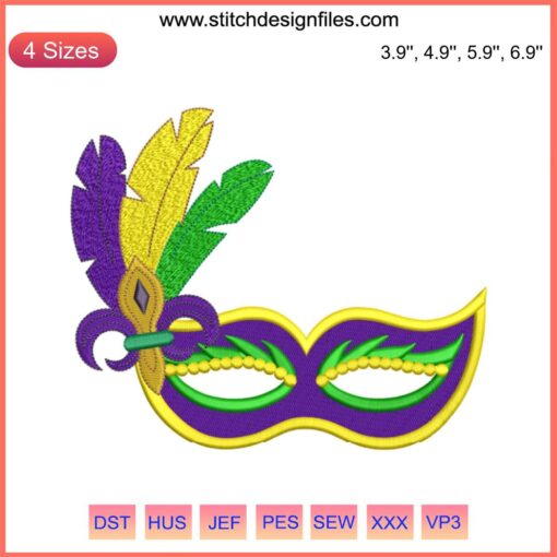 "Mardi Gras Feather Mask Embroidery Design: Vibrant digital stitching pattern, ideal for festive Mardi Gras crafting projects."