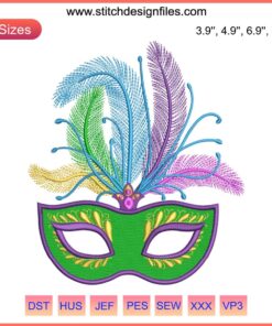 Colorful feather mask embroidery design for Mardi Gras festival digital stitching; vibrant and detailed festive decor.