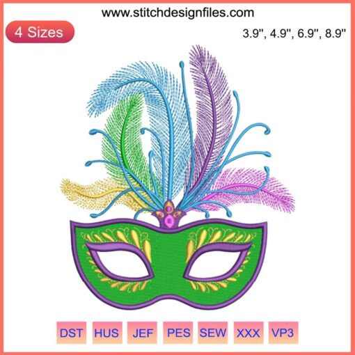 Colorful feather mask embroidery design for Mardi Gras festival digital stitching; vibrant and detailed festive decor.