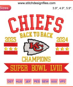 Kansas City Chiefs Super Bowl LVIII Back to Back Champions Embroidery Design | American Football Digital Pattern