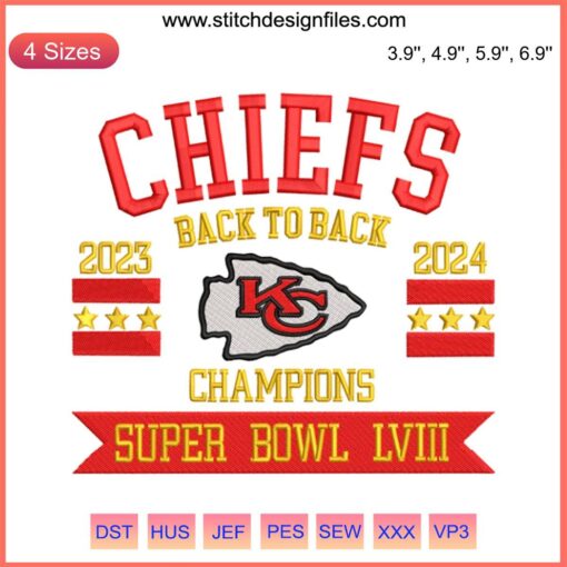 Kansas City Chiefs Super Bowl LVIII Back to Back Champions Embroidery Design | American Football Digital Pattern