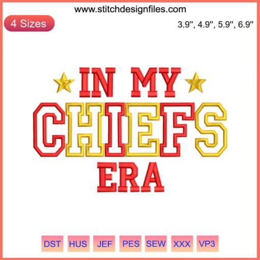 Taylor Swift "In My Chiefs Era" embroidery design featuring Travis Kelce, digital stitching for chief fans and Swifties.