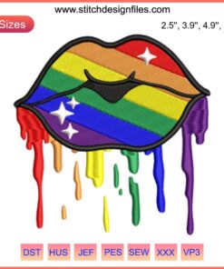 Colorful LGBT rainbow dripping lips embroidery design, LGBTQ pride stitching pattern, vibrant digital art for crafts.