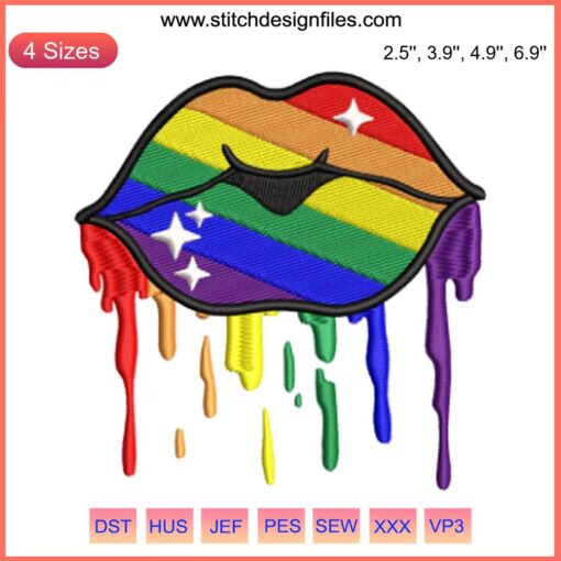 Colorful LGBT rainbow dripping lips embroidery design, LGBTQ pride stitching pattern, vibrant digital art for crafts.
