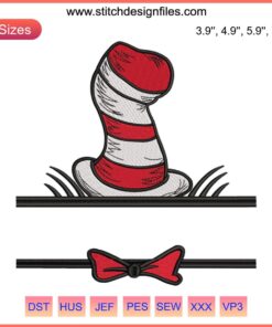 Dr. Seuss Hat Embroidery Design with Customized Name, Digital Stitching, Whimsical Red-White Stripes, Personalized Embroidered Pattern.