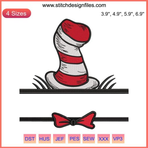 Dr. Seuss Hat Embroidery Design with Customized Name, Digital Stitching, Whimsical Red-White Stripes, Personalized Embroidered Pattern.