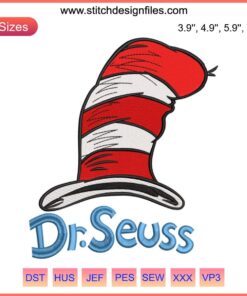 Cat in the Hat embroidery design featuring Dr. Seuss's iconic character for digital stitching projects.
