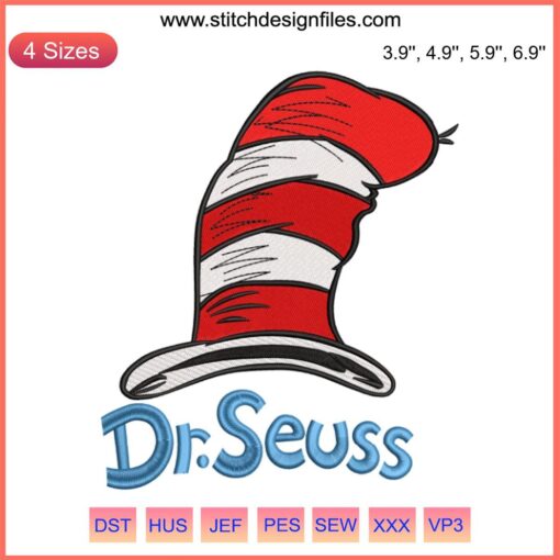 Cat in the Hat embroidery design featuring Dr. Seuss's iconic character for digital stitching projects.