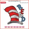 Cat in the Hat embroidery design for hats, featuring Dr. Seuss's iconic character. Digital stitching pattern, vibrant colors.