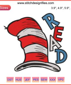 Cat in the Hat embroidery design for hats, featuring Dr. Seuss's iconic character. Digital stitching pattern, vibrant colors.