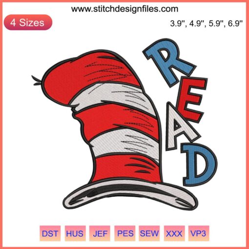 Cat in the Hat embroidery design for hats, featuring Dr. Seuss's iconic character. Digital stitching pattern, vibrant colors.