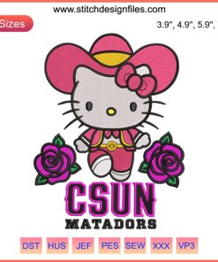 Hello Kitty CSUN Matadors Embroidery Design, featuring Hello Kitty in CSUN colors with a Matadors helmet. Digital Stitching Pattern.