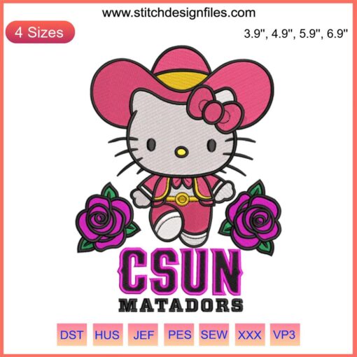 Hello Kitty CSUN Matadors Embroidery Design, featuring Hello Kitty in CSUN colors with a Matadors helmet. Digital Stitching Pattern.