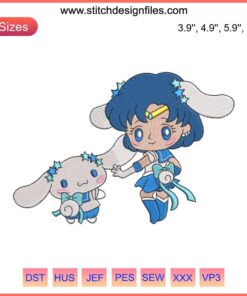 Sailor Mercury and Cinnamoroll embroidery design, Sailor Moon meets Sanrio in digital stitching, anime craft pattern.