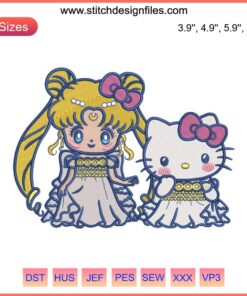 Princess Serenity & Hello Kitty embroidery design, Sailor Moon digital stitching, kawaii cross-stitch art, cute anime pattern.