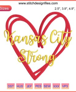 Kansas City Strong Heart Embroidery Design featuring Chiefs NFL Football theme, vibrant digital stitching pattern.