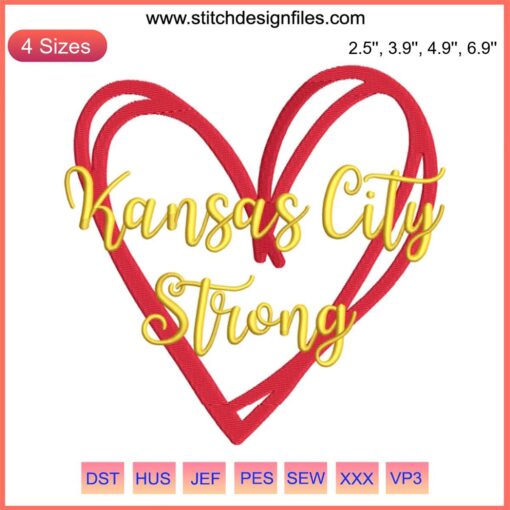 Kansas City Strong Heart Embroidery Design featuring Chiefs NFL Football theme, vibrant digital stitching pattern.