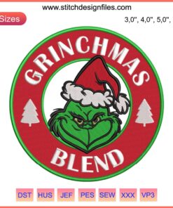 Grinchmas Blend Embroidery File: Grinch in Santa Hat, Christmas Design, Digitizing File DST, PES Format for Sewing Machine