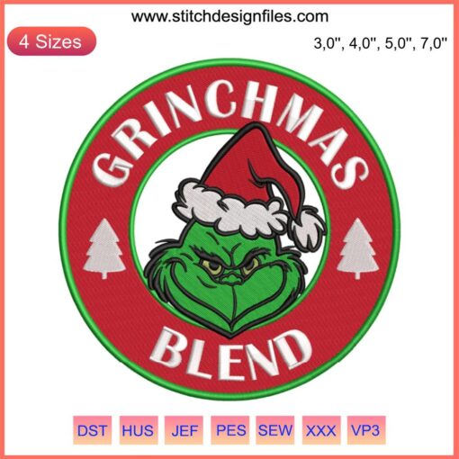 Grinchmas Blend Embroidery File: Grinch in Santa Hat, Christmas Design, Digitizing File DST, PES Format for Sewing Machine