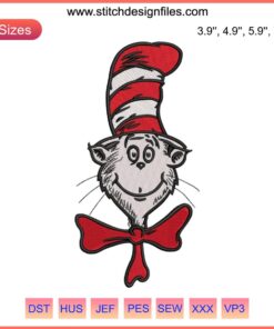 The Cat in the Hat Embroidery Design | Vibrant Dr. Seuss Day Stitched Art | Whimsical Digital Pattern for Crafting Enthusiasts