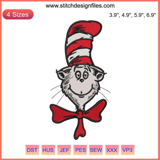 The Cat in the Hat Embroidery Design | Vibrant Dr. Seuss Day Stitched Art | Whimsical Digital Pattern for Crafting Enthusiasts