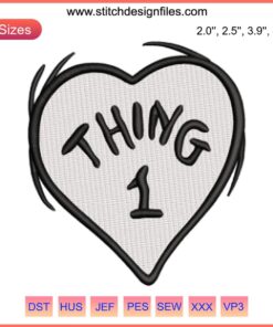 Dr. Seuss Thing 1 Heart Embroidery Design featuring iconic character inside a vibrant heart, perfect for stitching enthusiasts.