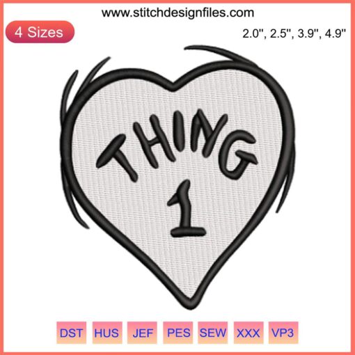 Dr. Seuss Thing 1 Heart Embroidery Design featuring iconic character inside a vibrant heart, perfect for stitching enthusiasts.