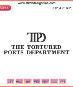 Taylor Swift Tortured Poets Album embroidery design, elegant typography with floral motifs, digital stitching pattern.