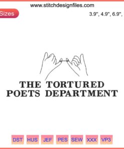 Taylor Swift album-inspired "Hands The Tortured Poets Department" embroidery design featuring intricate digital stitching details.