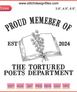 Embroidered "Tortured Poets Dept" design for Taylor Swift 2024 album, featuring digital stitching pattern.