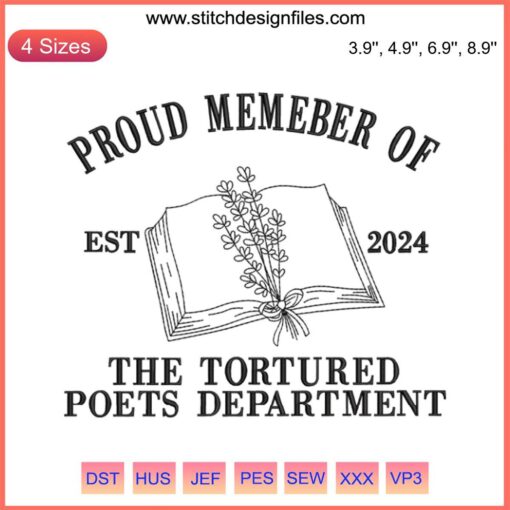 Embroidered "Tortured Poets Dept" design for Taylor Swift 2024 album, featuring digital stitching pattern.