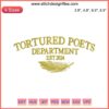 Taylor Swift-inspired album embroidery design, "The Tortured Poets Department Est. 2024," digital stitching.