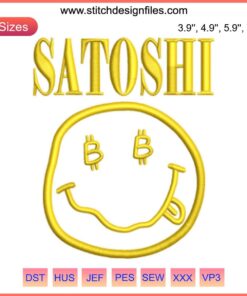 Satoshi Smiley Face Embroidery Design with Bitcoin motif, perfect for digital stitching enthusiasts.