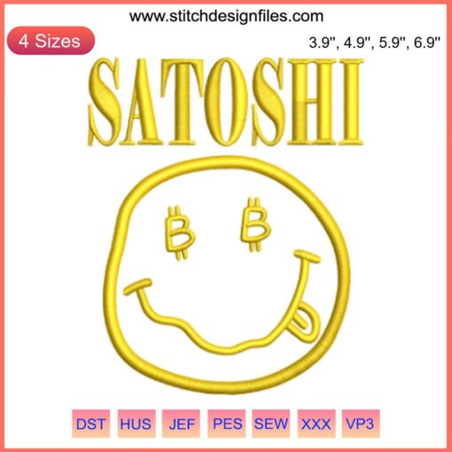 Satoshi Smiley Face Embroidery Design with Bitcoin motif, perfect for digital stitching enthusiasts.