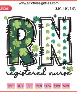 Registered Nurse St. Patrick’s Day Embroidery Design featuring shamrocks and a nurse cap, perfect for festive stitching projects.