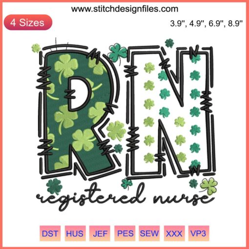 Registered Nurse St. Patrick’s Day Embroidery Design featuring shamrocks and a nurse cap, perfect for festive stitching projects.