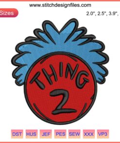 Thing 2 Dr. Seuss embroidery design featuring the iconic character's face, perfect for stitching enthusiasts and Seuss lovers.