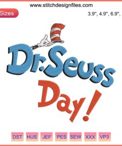 Dr. Seuss Day Embroidery Design, featuring iconic red and white striped hat, digital stitching for fabric crafts.