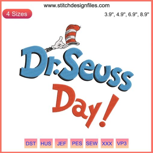 Dr. Seuss Day Embroidery Design, featuring iconic red and white striped hat, digital stitching for fabric crafts.