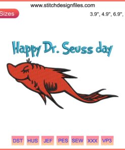 Colorful Red Fish Dr. Seuss embroidery design featuring whimsical stitching, perfect for celebrating Happy Dr. Seuss Day.