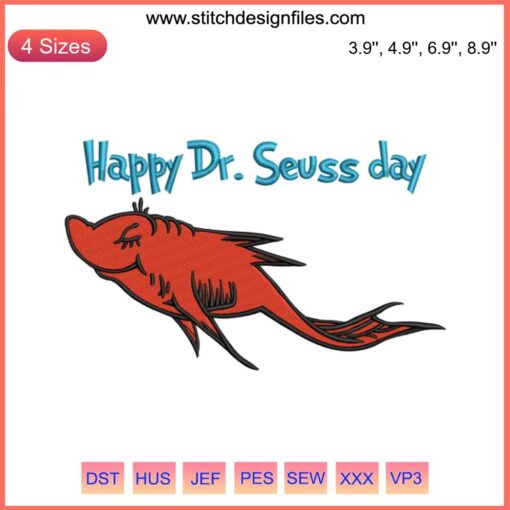Colorful Red Fish Dr. Seuss embroidery design featuring whimsical stitching, perfect for celebrating Happy Dr. Seuss Day.