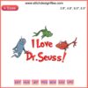 "Quirky fish-themed Dr. Seuss embroidery design featuring vibrant green, red, and blue fish for digital stitching projects."