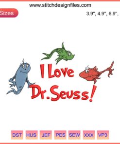 "Quirky fish-themed Dr. Seuss embroidery design featuring vibrant green, red, and blue fish for digital stitching projects."