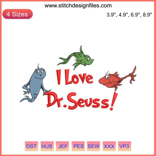 "Quirky fish-themed Dr. Seuss embroidery design featuring vibrant green, red, and blue fish for digital stitching projects."