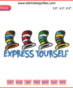 Cat in the Hat embroidery design featuring colorful hat stitching, inspired by Dr. Seuss, perfect for creative projects.